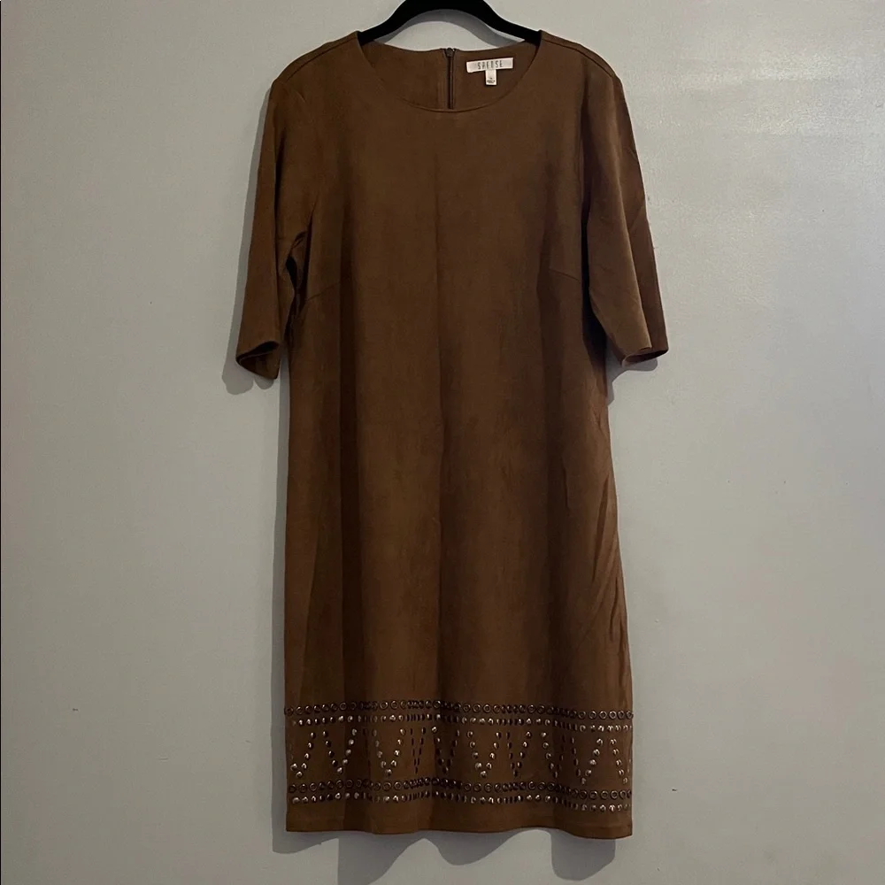 Spense Brown Midi Dress with Studded Detail faux suede short sleeve large sz 14 - Picture 1 of 10